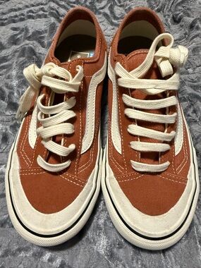 Rust Orange Low-Top Vans Skate Sneakers with Cream Accents
